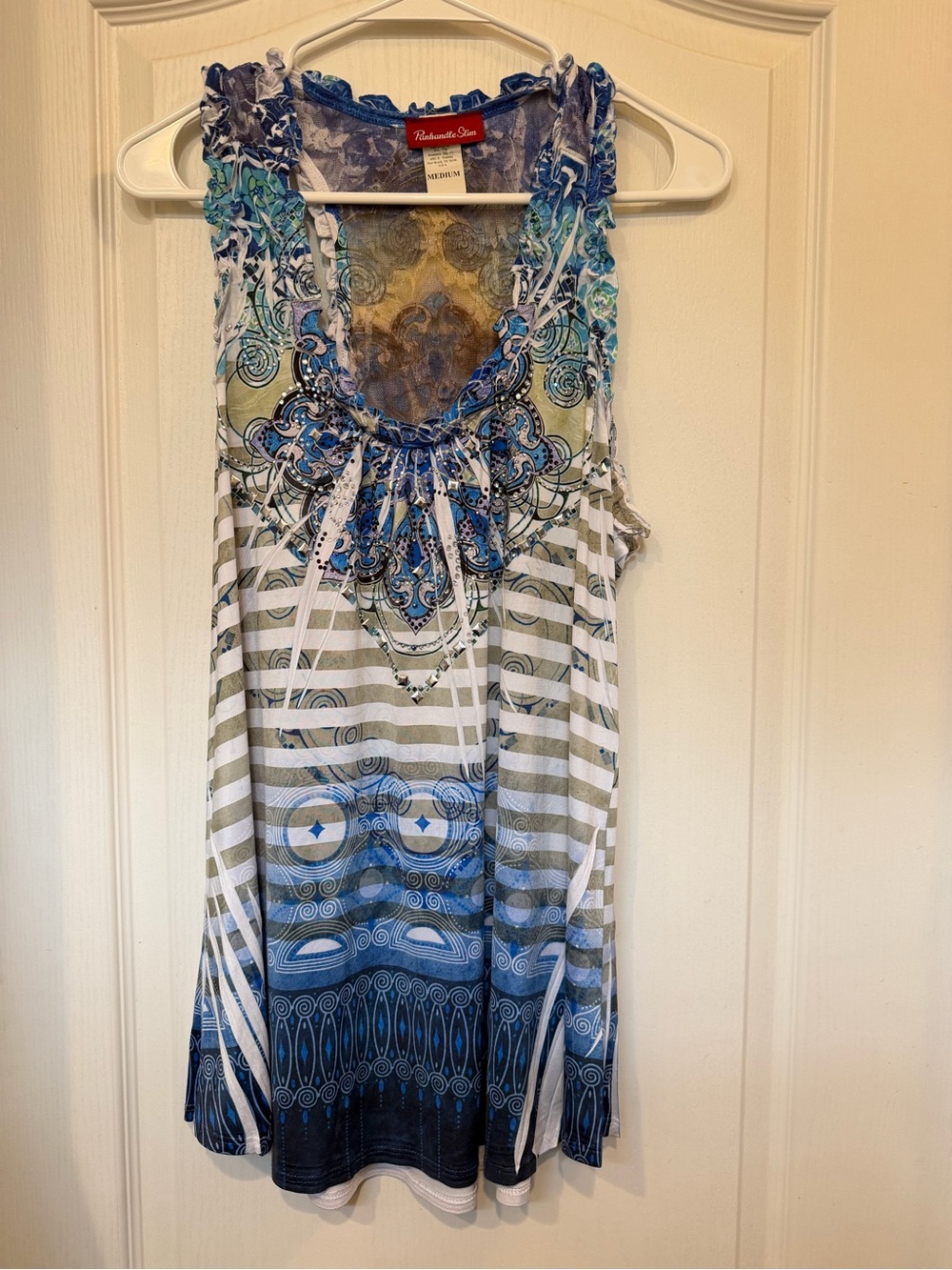 Panhandle Slim Tunic Dress M Blue Rhinestone Paisley Ruffle Western Y2K Boho